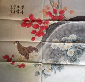 工笔画名家秦霞工笔花鸟斗方一幅 保真