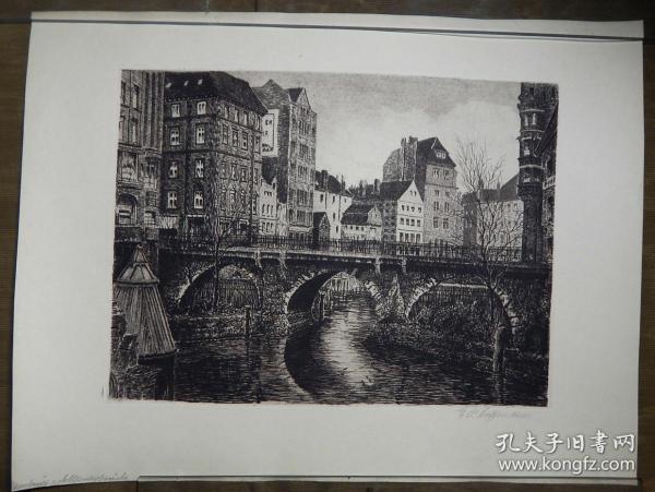 【5】德国铜版画《平桥风景,画家签名.