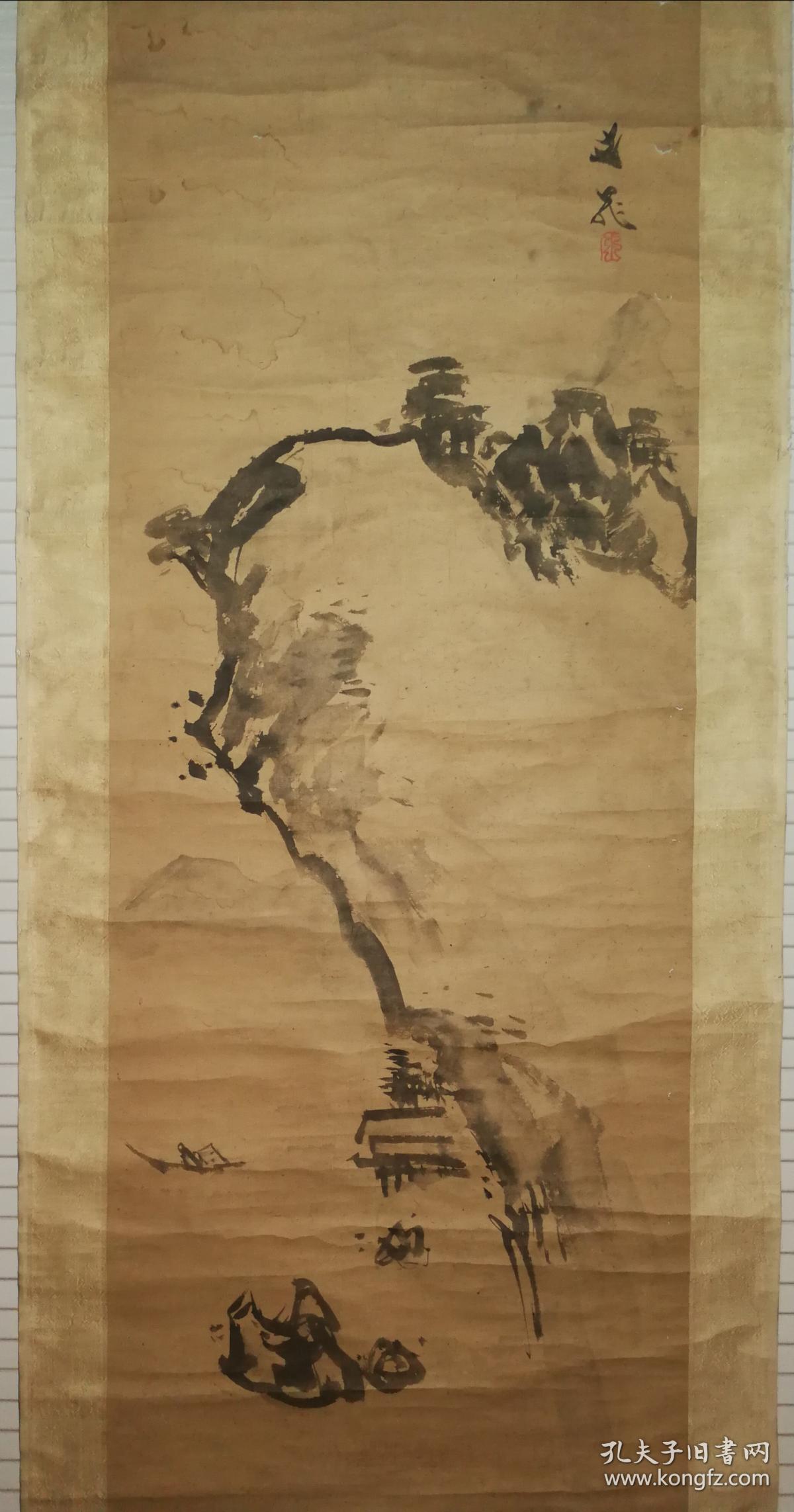 日本江户时期著名画家谷文晁 水墨山水図 日本原裱立轴