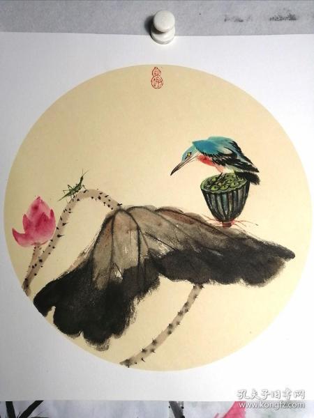 国画花鸟小品《荷花翠鸟》