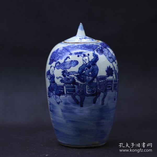 景德镇仿古瓷 明清麒麟送子人物罐 青花瓷手工做旧古玩收藏摆件品