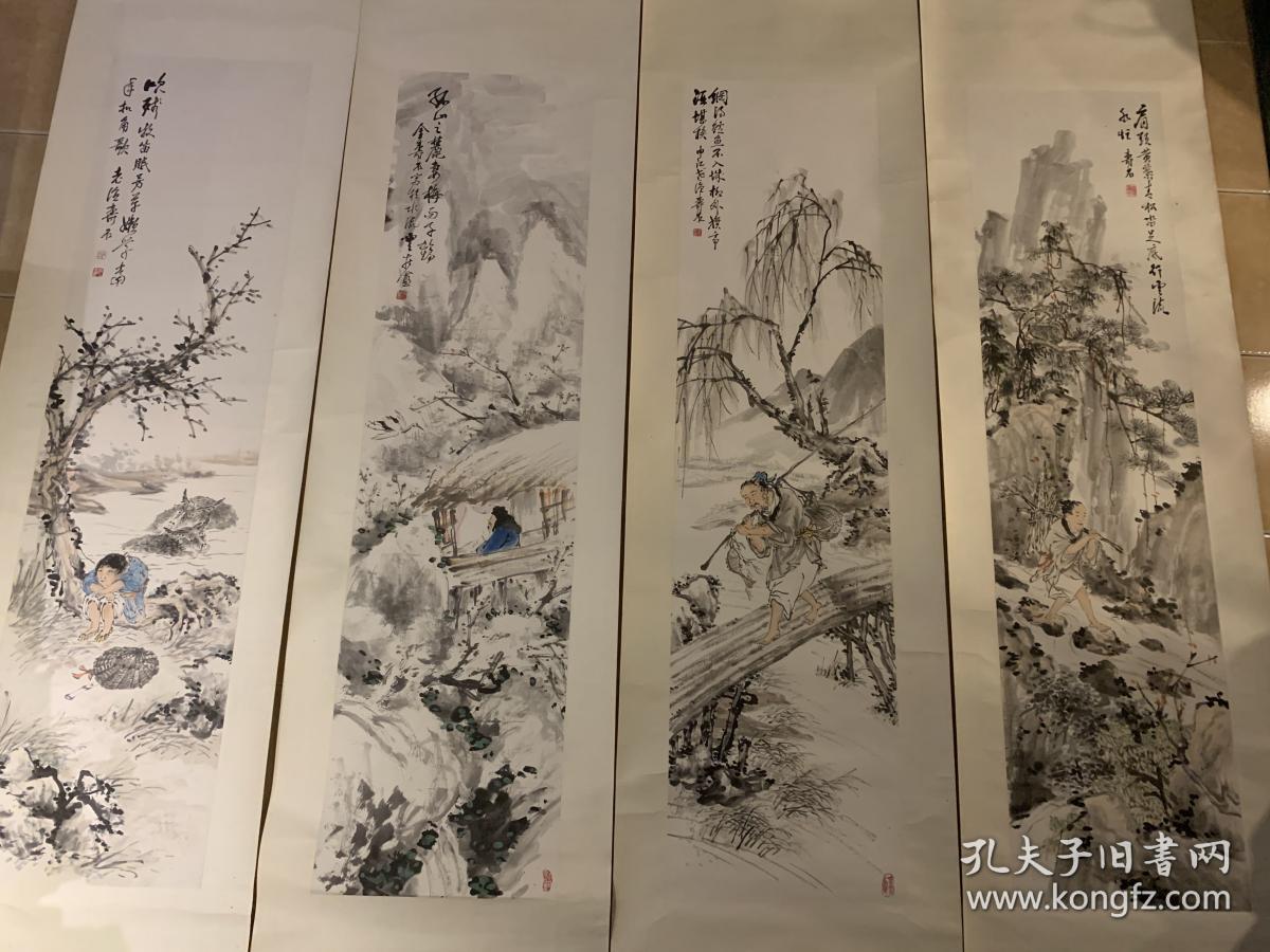 【铁牍精舍】【名家字画】民国初金寿石精品水墨设色《渔樵耕读》四条