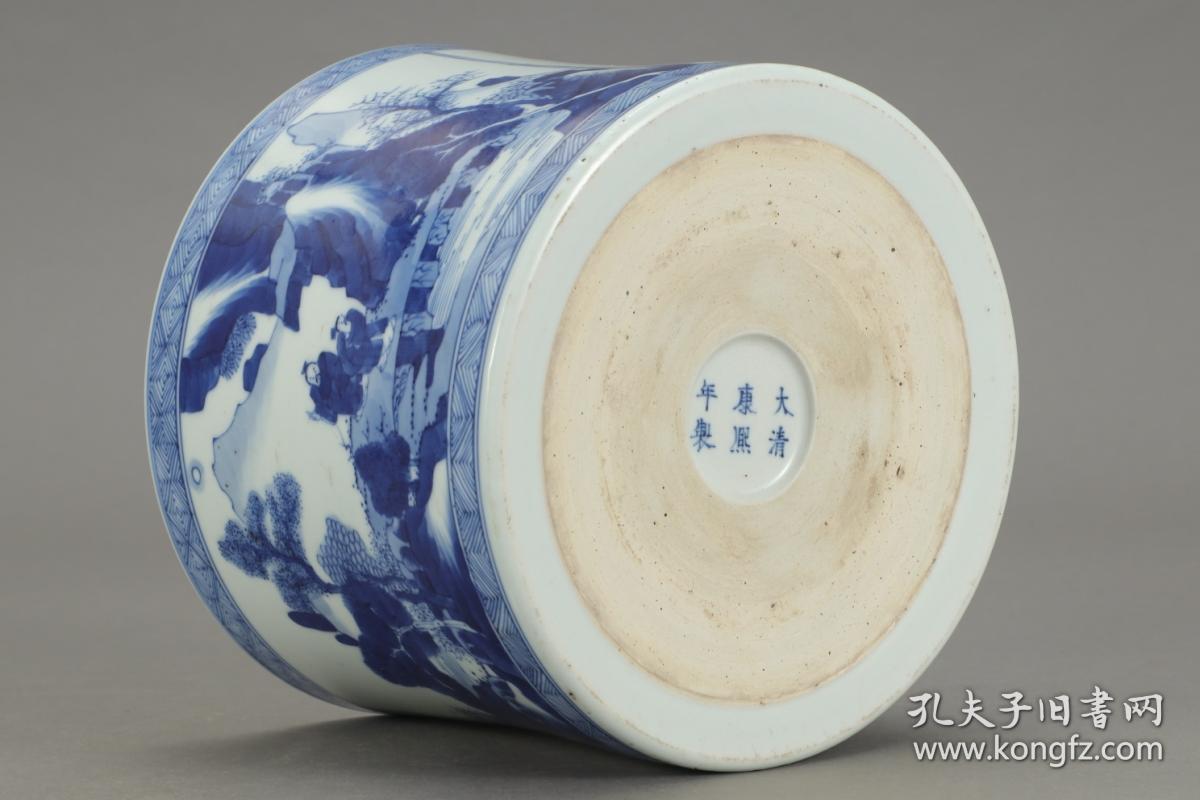 清代,"大清康熙年制"青花山水人物笔筒