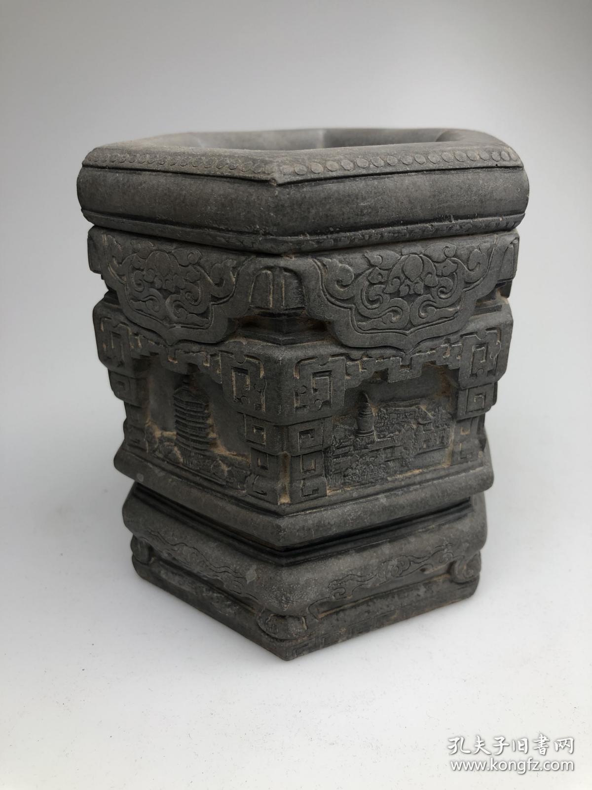 山西六景 笔筒(青砖雕刻)砖雕工艺品(13×11.5×11.5)
