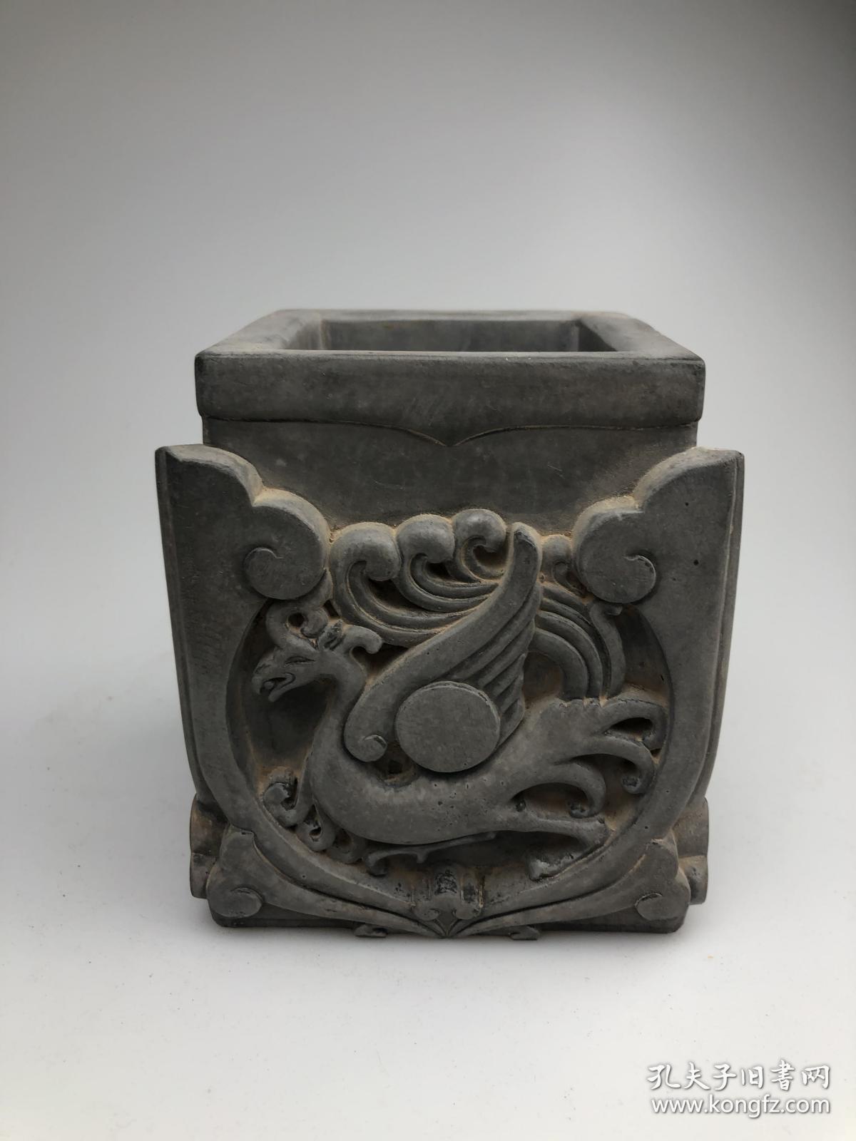 青龙白虎朱雀玄武 笔筒(青砖雕刻)砖雕工艺品(12×10×10)cm