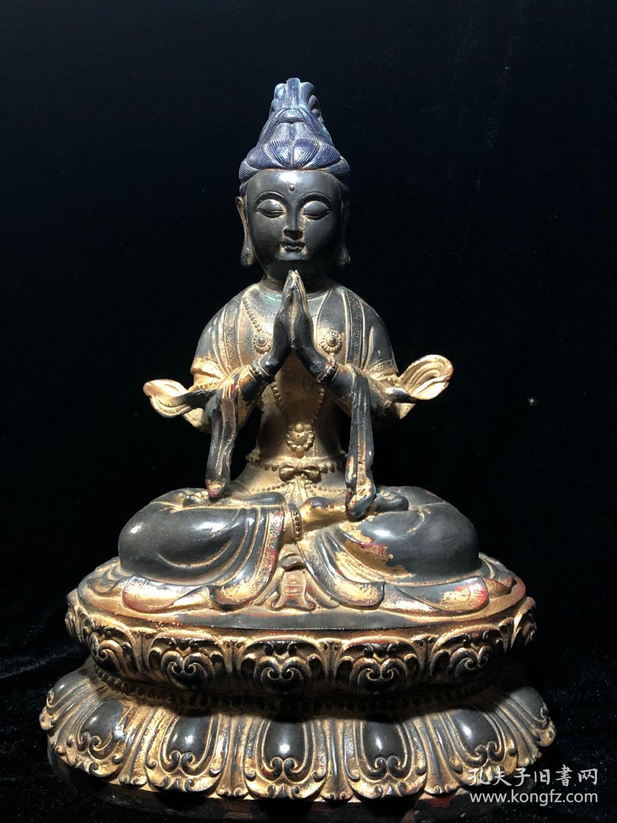珍藏老铜胎莲花坐台观音摆件