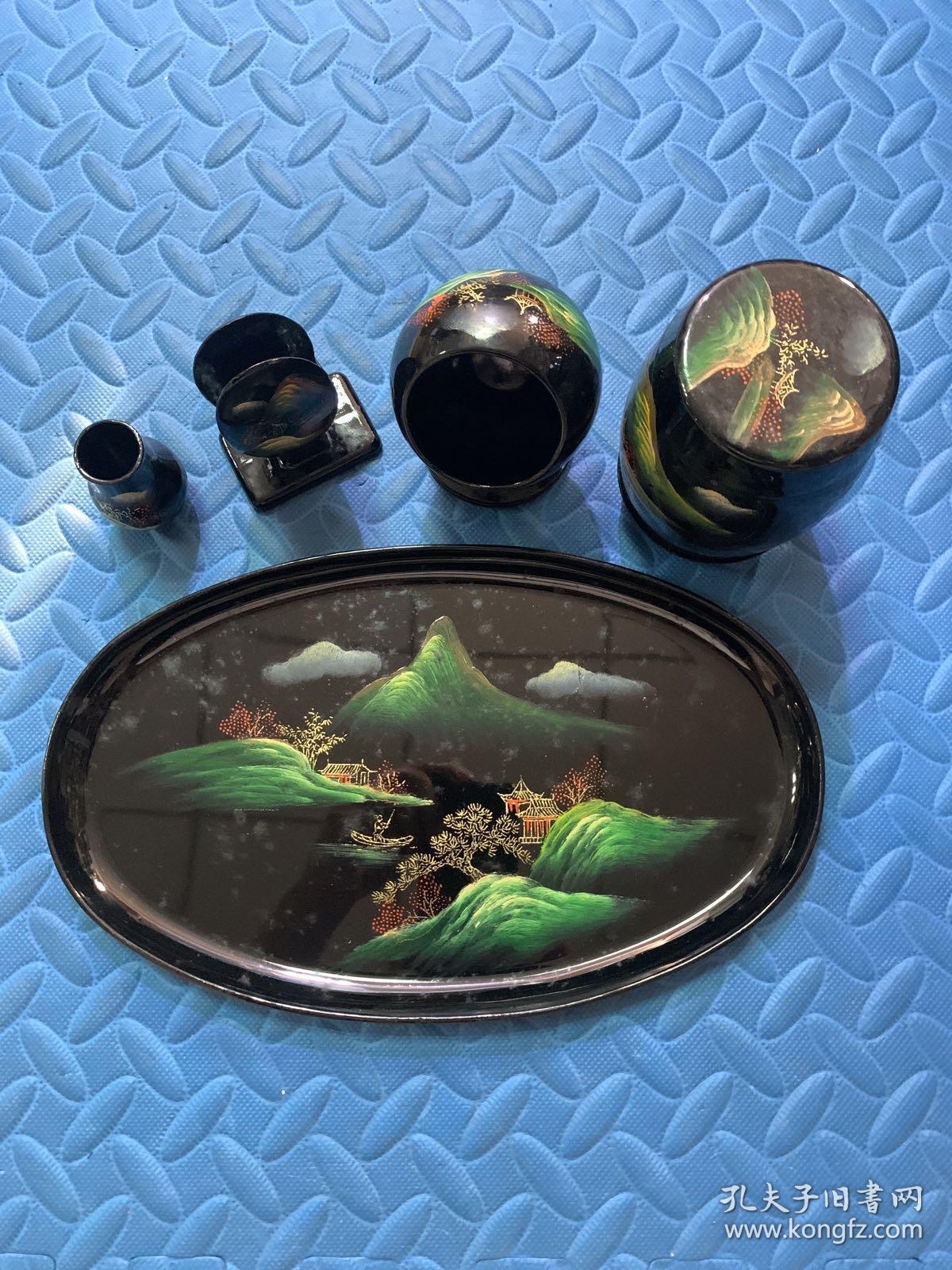 80年代老福州工艺品脱胎漆器手工绘制山水画漆器烟具老物件五件套全新