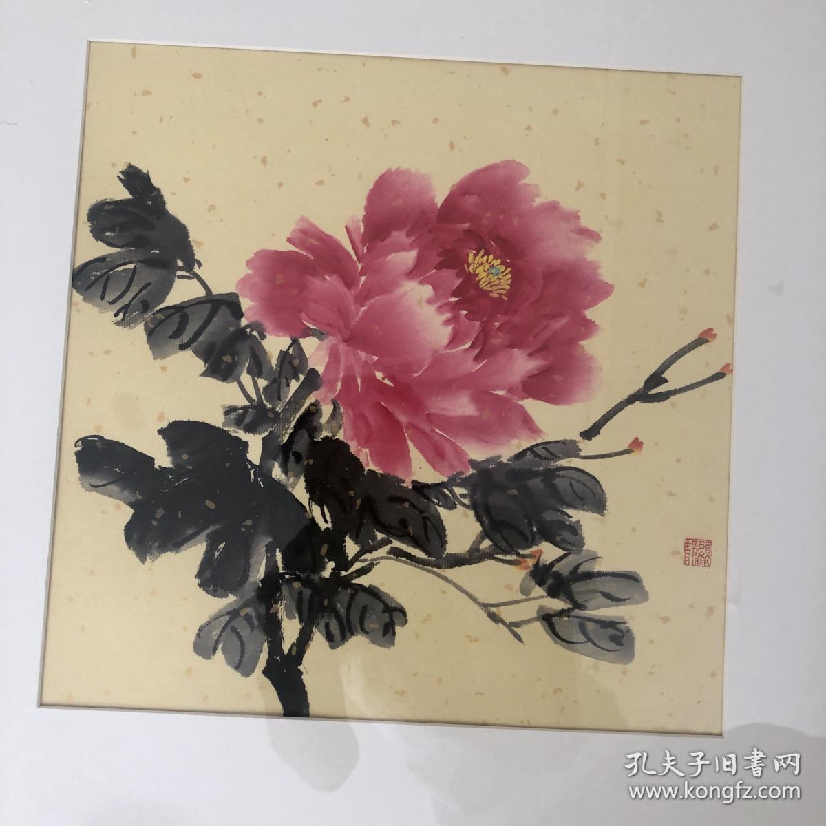 女画家顾静的牡丹图 画芯尺寸在28厘米左右 精心装裱配框,外框尺寸45