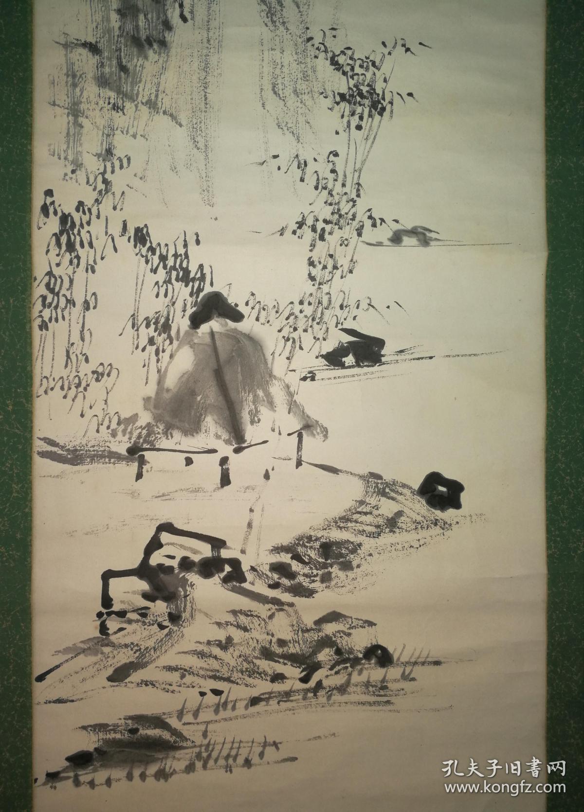 日本著名文人画家富冈铁斋 水墨山水图 日本原裱立轴