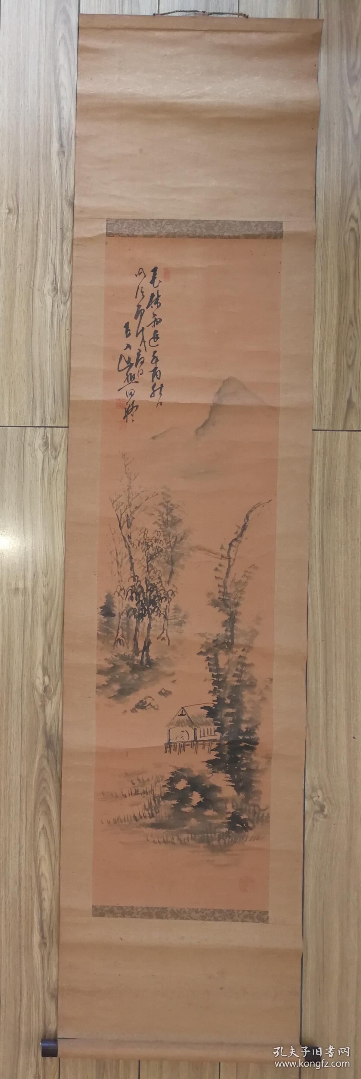 日本著名画家田能村直入水墨山水图日本原裱立轴