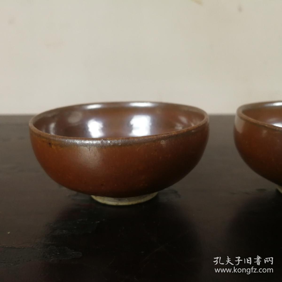磁州窑紫金釉茶盏古玩老瓷器酱釉瓷小茶碗一对
