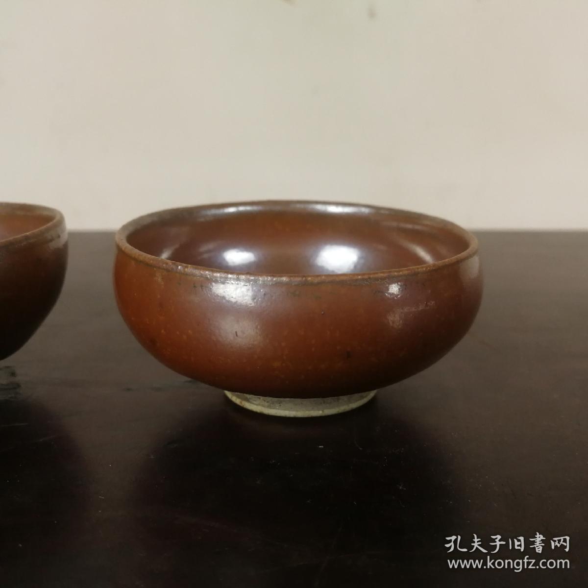 磁州窑紫金釉茶盏古玩老瓷器酱釉瓷小茶碗一对