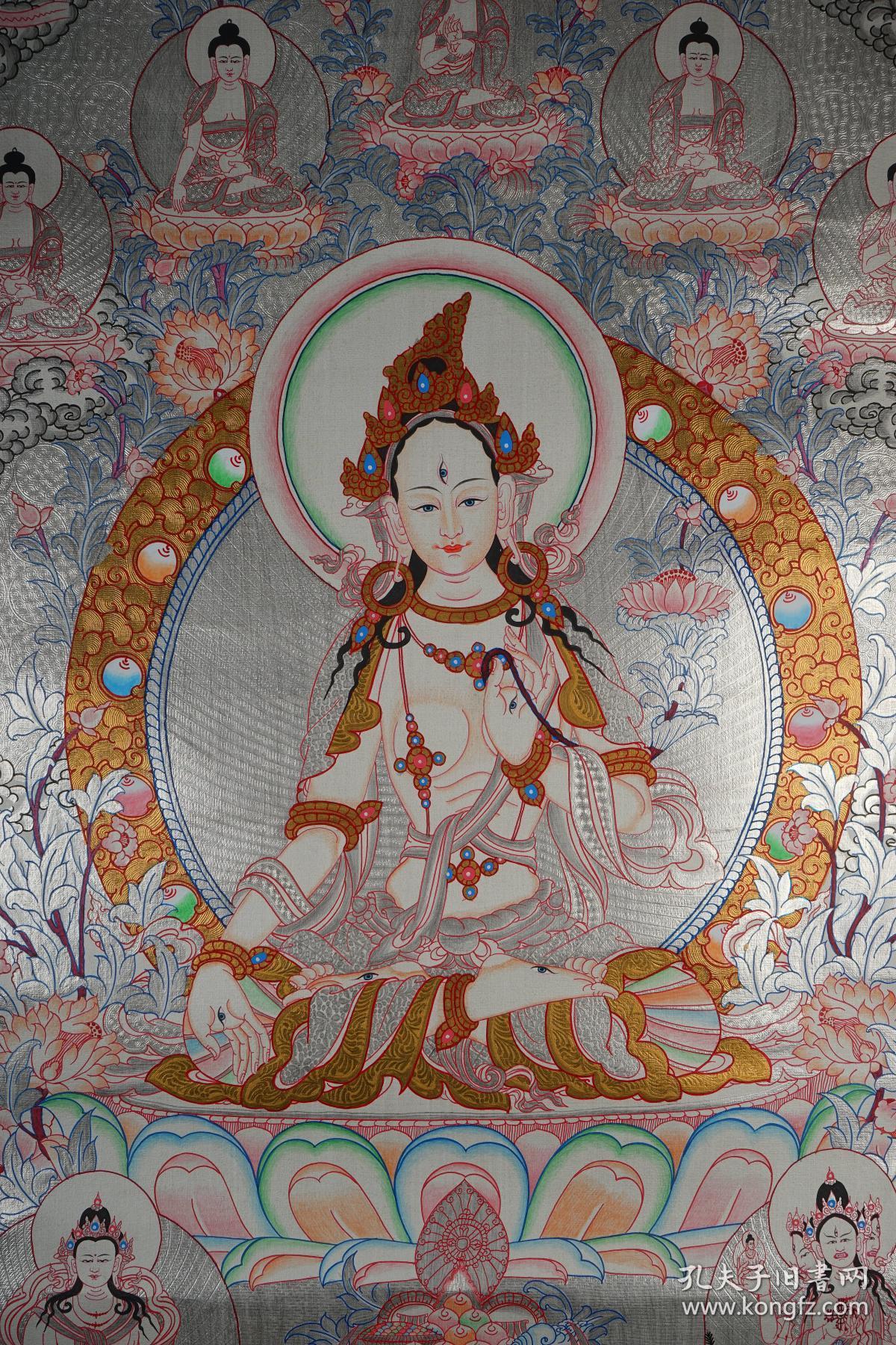 上师亲工 描金彩绘《七眼佛母》银箔唐卡一件(带框)