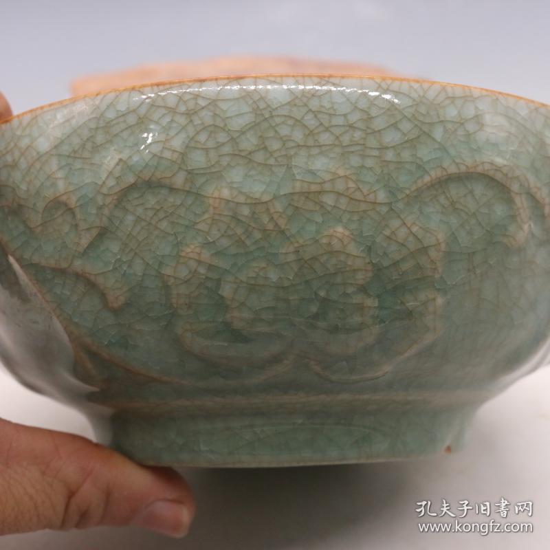 宋汝窑冰裂釉刻花碗 古董老货古玩旧货 仿古做旧瓷器摆件民间收藏