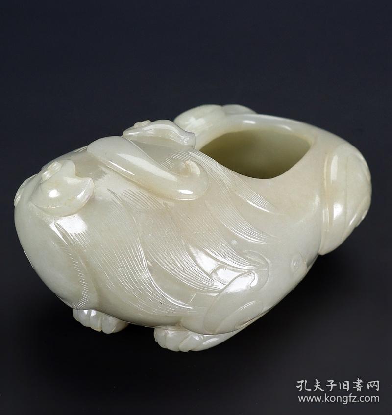 清和田玉青白玉籽料圆雕瑞兽水丞水盂文房玉雕摆件明清玉器古玉
