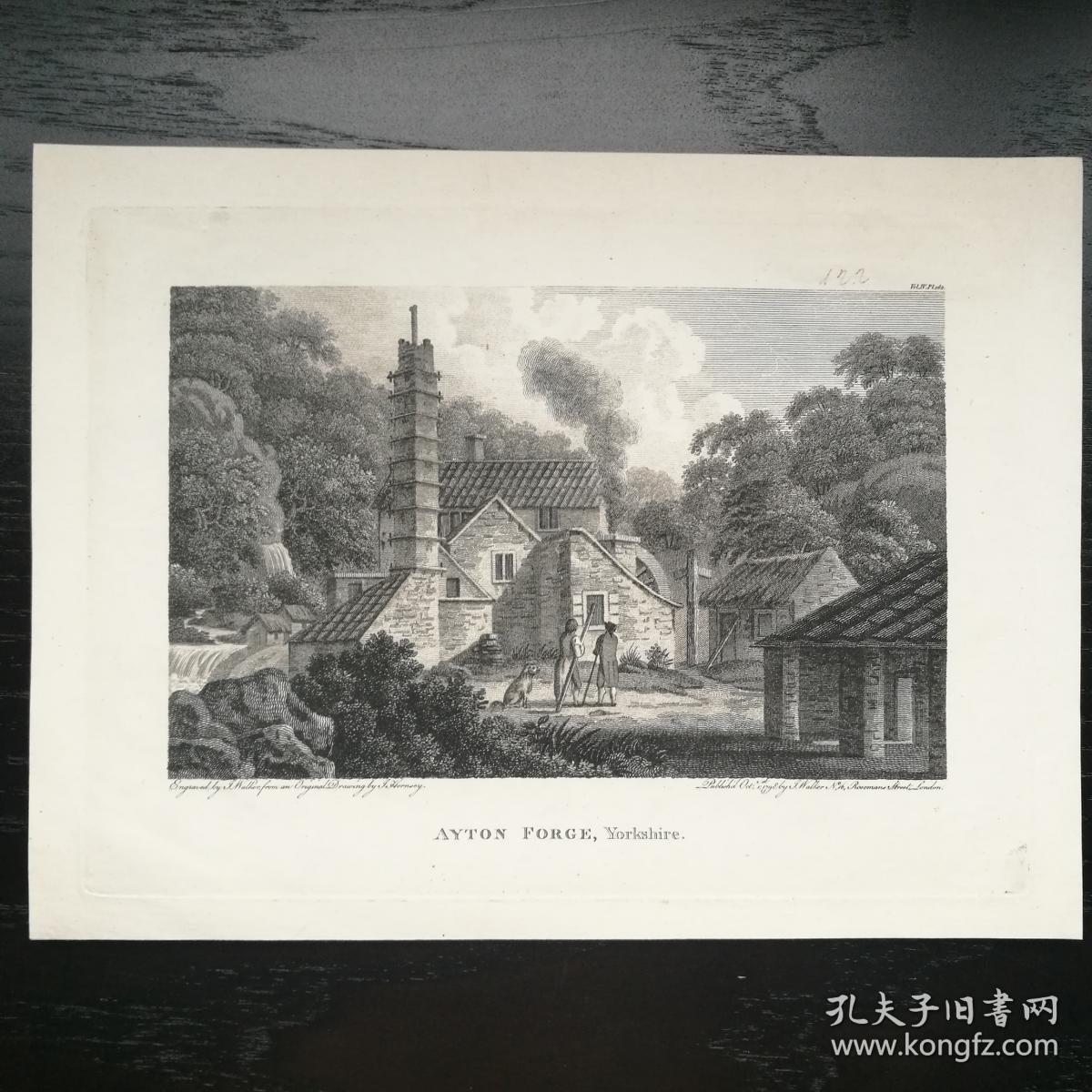 西洋欧洲古董英国风景名胜铜版画aytonforge约克郡的锻造工场1798年约