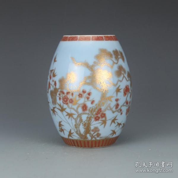 大清雍正蓝釉描金松竹梅小罐 仿古瓷器古董真品包老保真收藏品