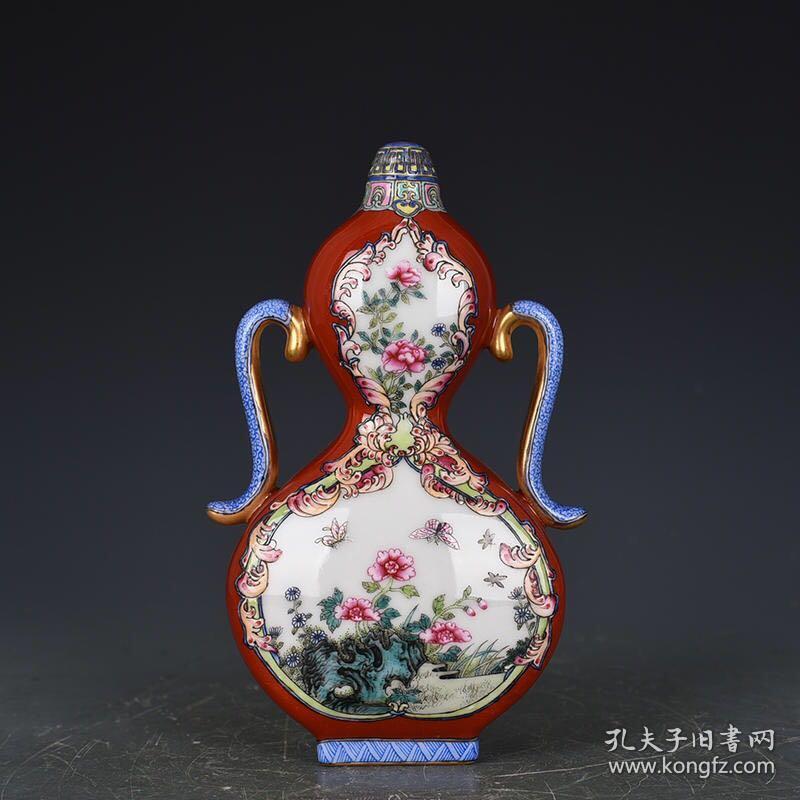 清乾隆红地开光珐琅彩花卉纹葫芦扁瓶 古玩190731花瓶古董古瓷器 20×