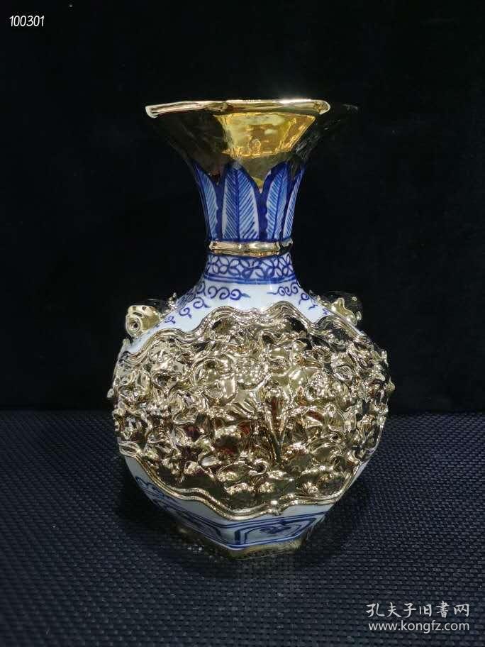 瓷器花瓶白浒孤窑手工捏花鎏金虎头瓶一对