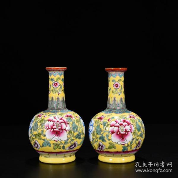 清乾隆黄地珐琅彩缠枝花卉纹盘口瓶 古玩古董古瓷器收藏 清三代珐琅彩