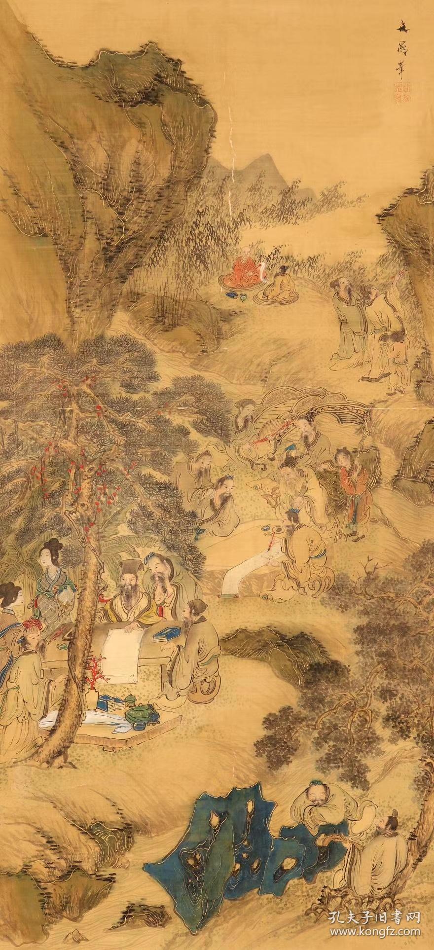 清江户时期画家谷文晁笔老绢本绫裱(西园雅集图)画心122:57cm精致老