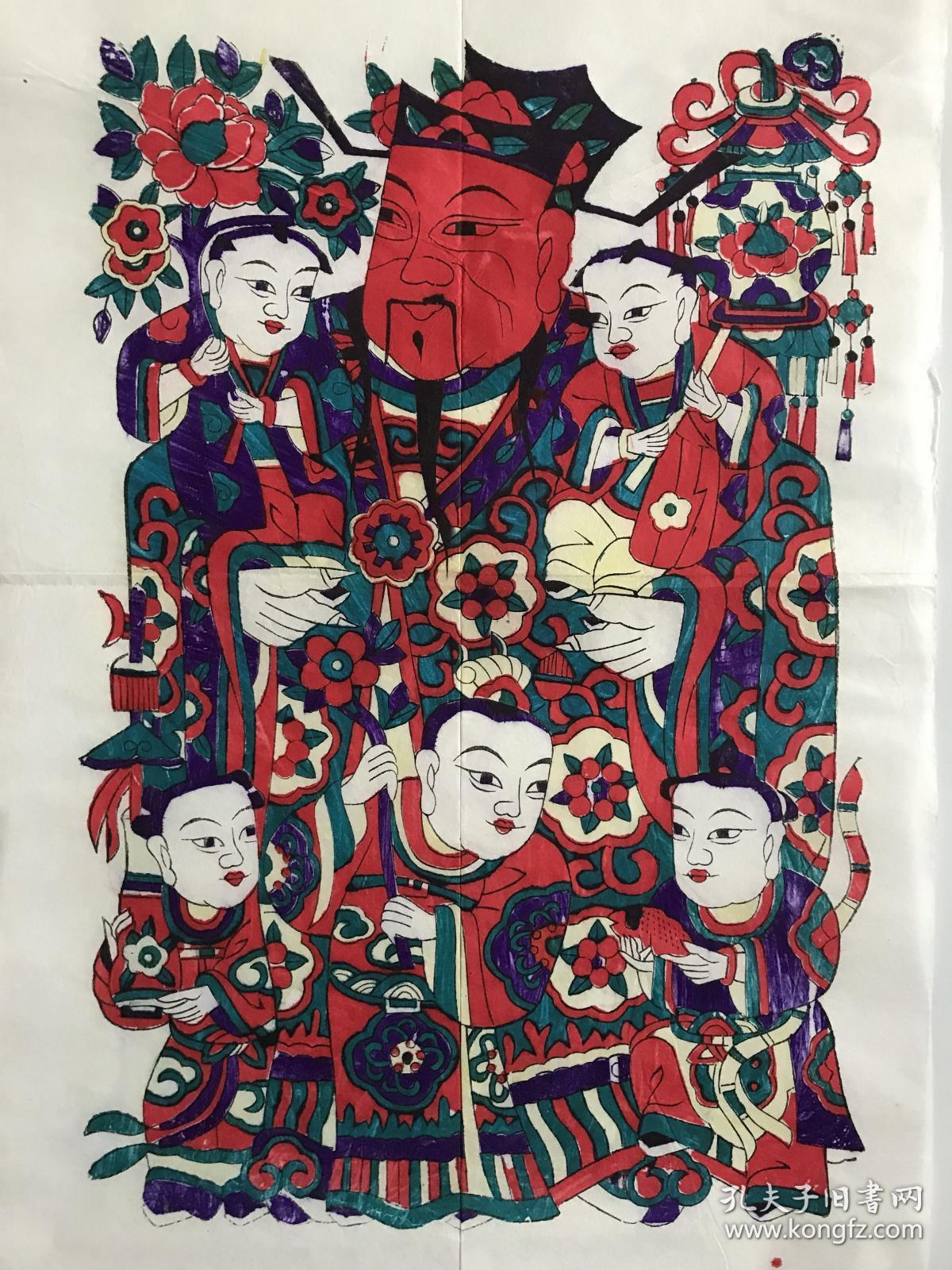 山东杨家埠木版年画(五子登科门神)一对