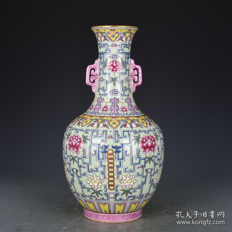 清乾隆绿地螭龙花卉图案纹双耳瓶 古玩190731花瓶古董