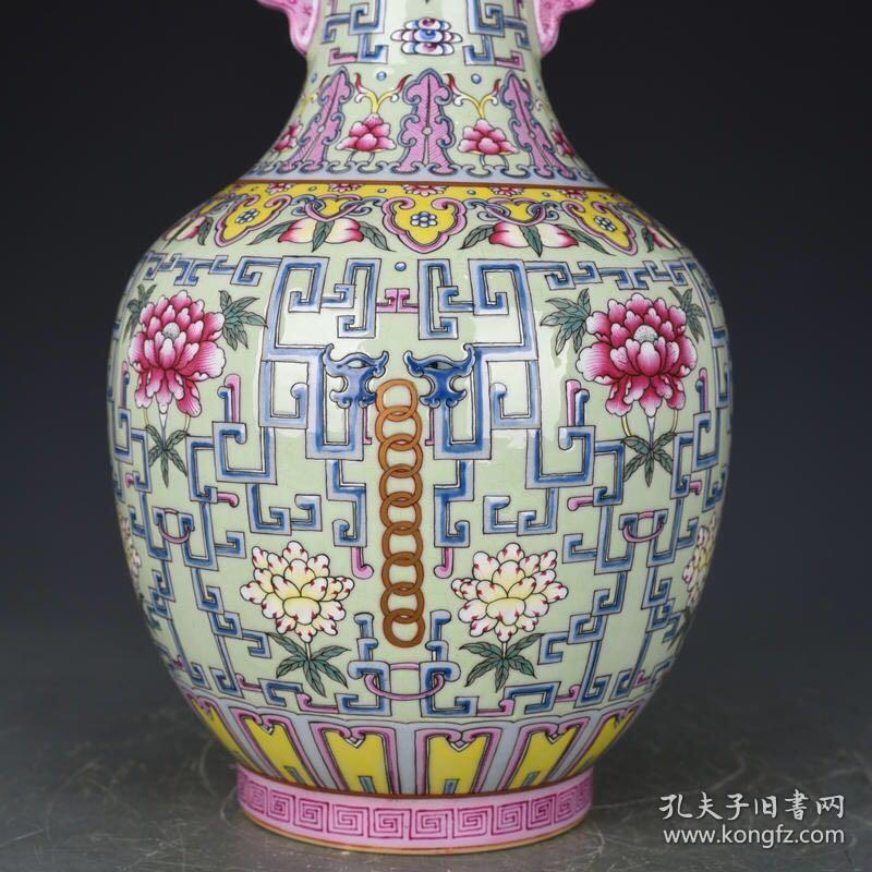 清乾隆绿地螭龙花卉图案纹双耳瓶 古玩190731花瓶古董