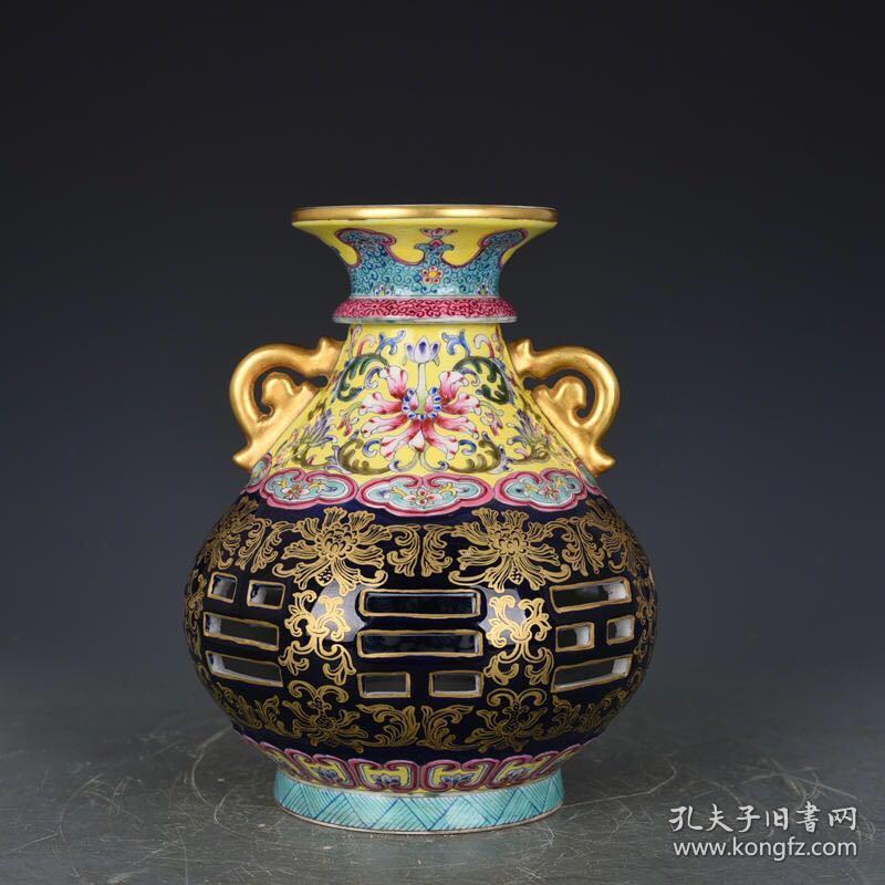 清乾隆霁蓝釉描金镂空八卦双耳套瓶古玩190731花瓶古董古瓷器2015厘米