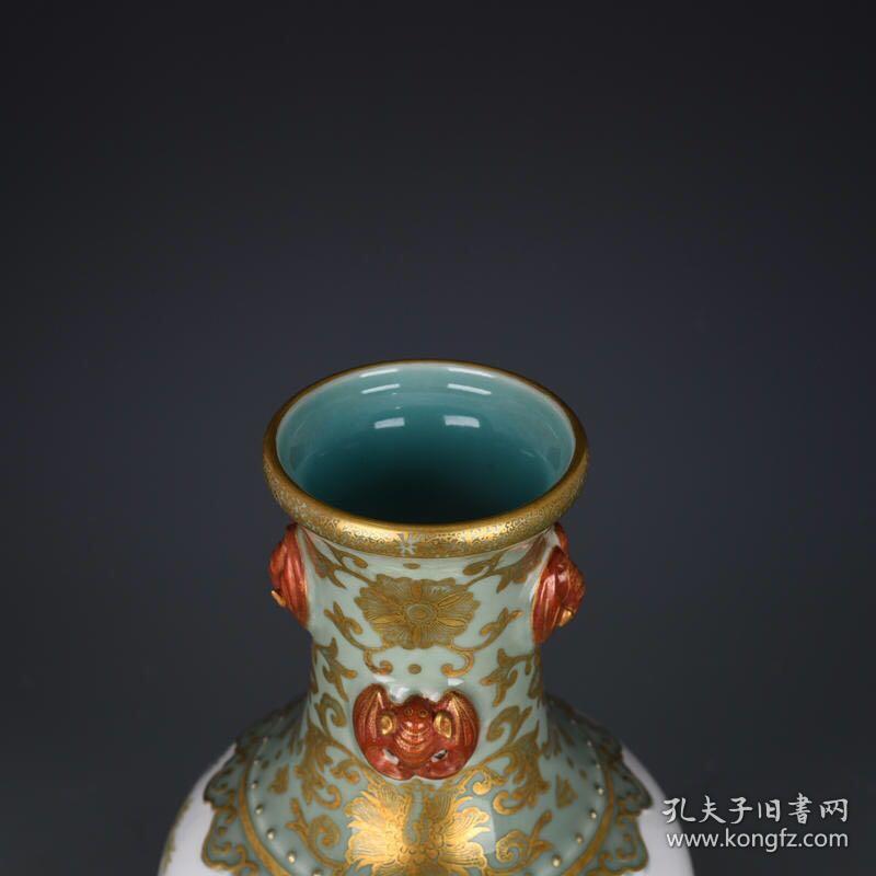 清乾隆豆青釉描金通景安居乐业纹瓶 古玩190731花瓶古董古瓷器 35×17