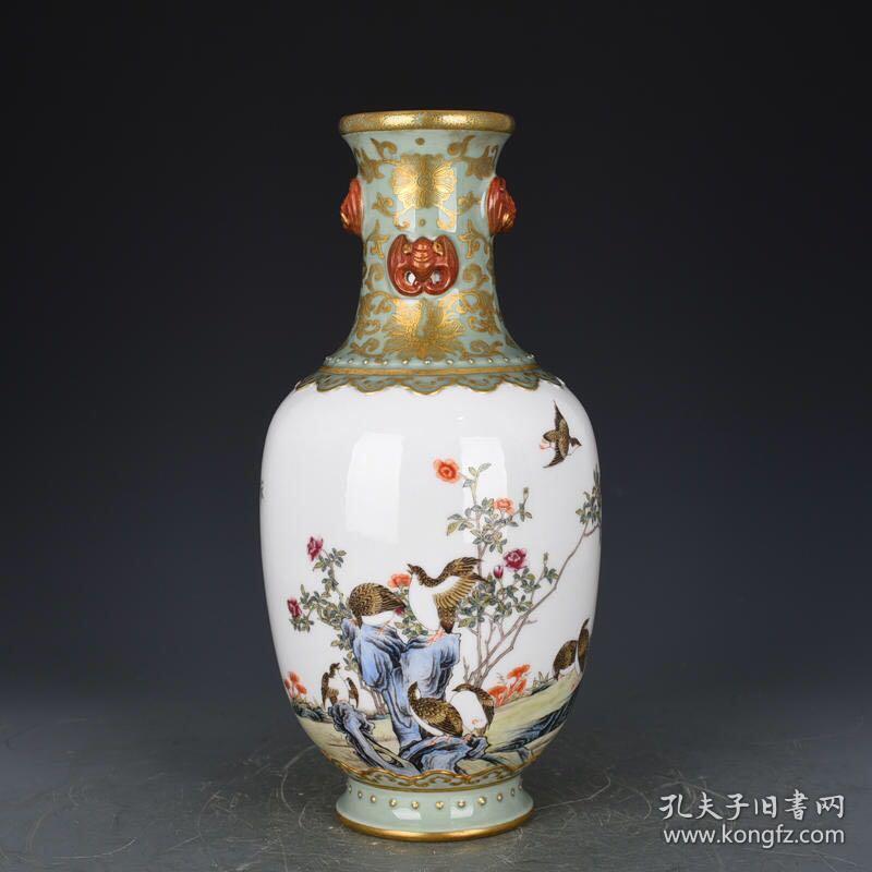 清乾隆豆青釉描金通景安居乐业纹瓶 古玩190731花瓶古董古瓷器 35×17