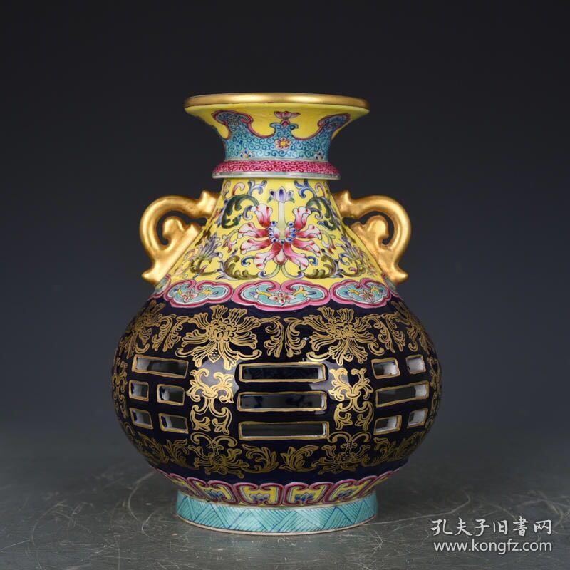 清乾隆霁蓝釉描金镂空八卦双耳套瓶 古玩190731花瓶古董古瓷器 20×15