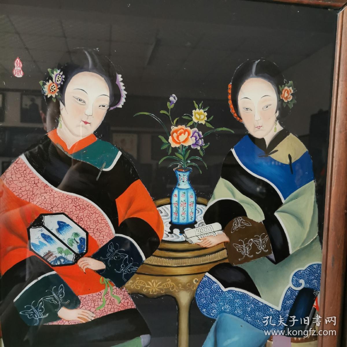 清代美人镜仕女玻璃画反手画美人玻璃画