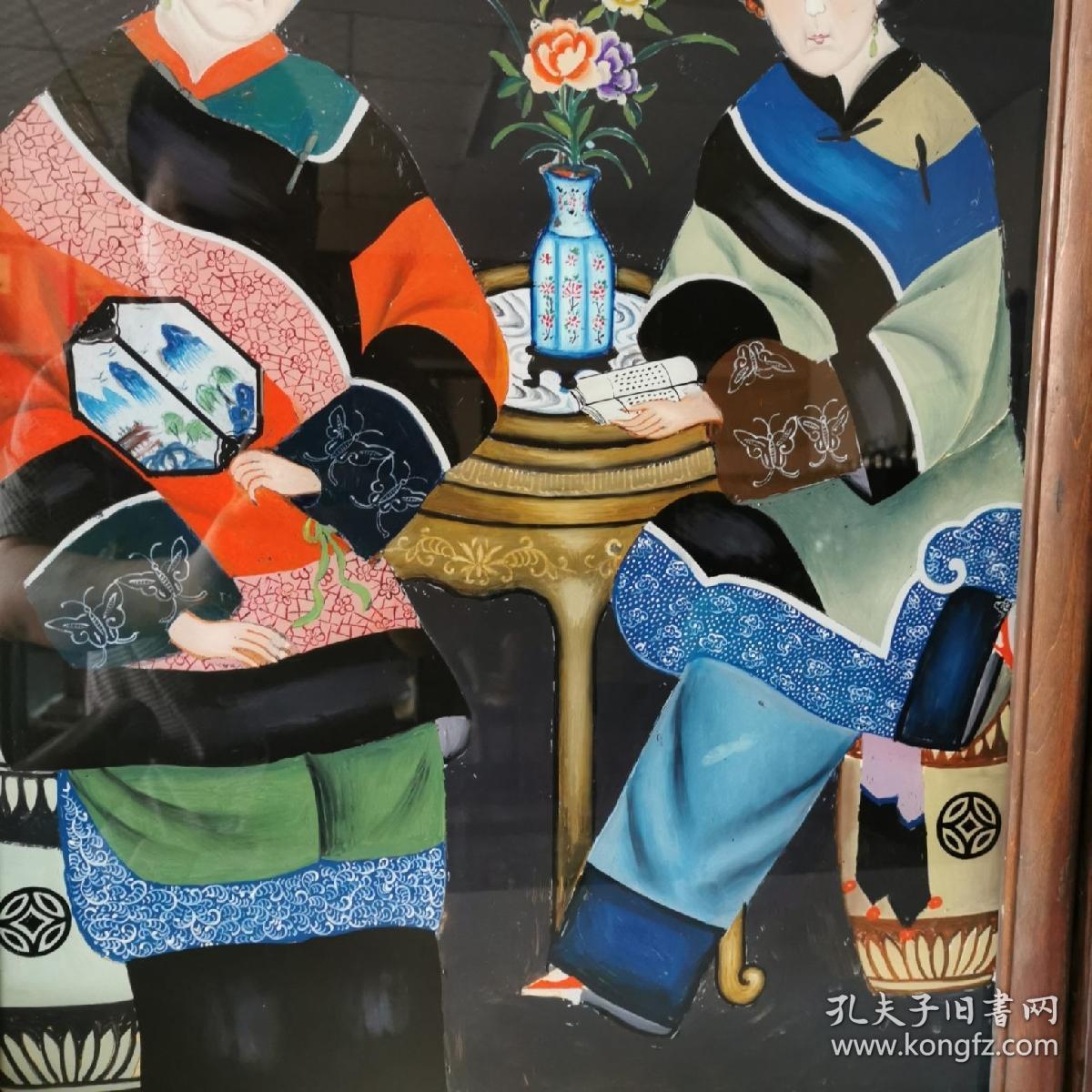 清代美人镜仕女玻璃画反手画美人玻璃画
