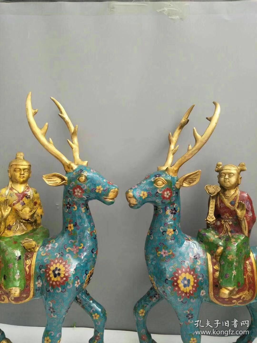 铜胎景泰蓝金童玉女鹿一对,寓意,发财,鹿,如意吉祥摆件,尺寸重量见图!