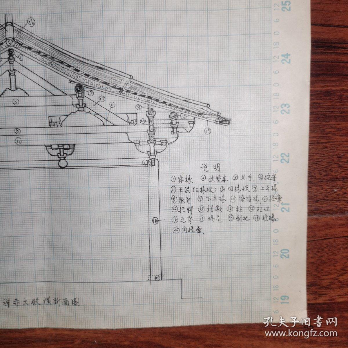 手绘/南禅寺大殿正面图(三间见方单檐歇山顶屋内全部无柱大殿结构梁架