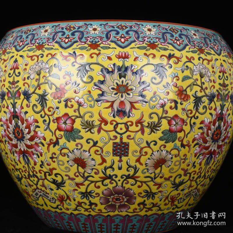 清乾隆黄地粉彩缠枝花卉纹卷缸笔洗古玩190805花瓶古董古瓷器2838厘米