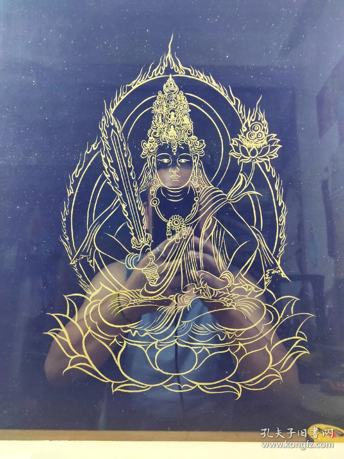 虚空藏菩萨大幅佛画镜框日本流出 蓝泥底色金笔勾画,纯手绘,画工细致