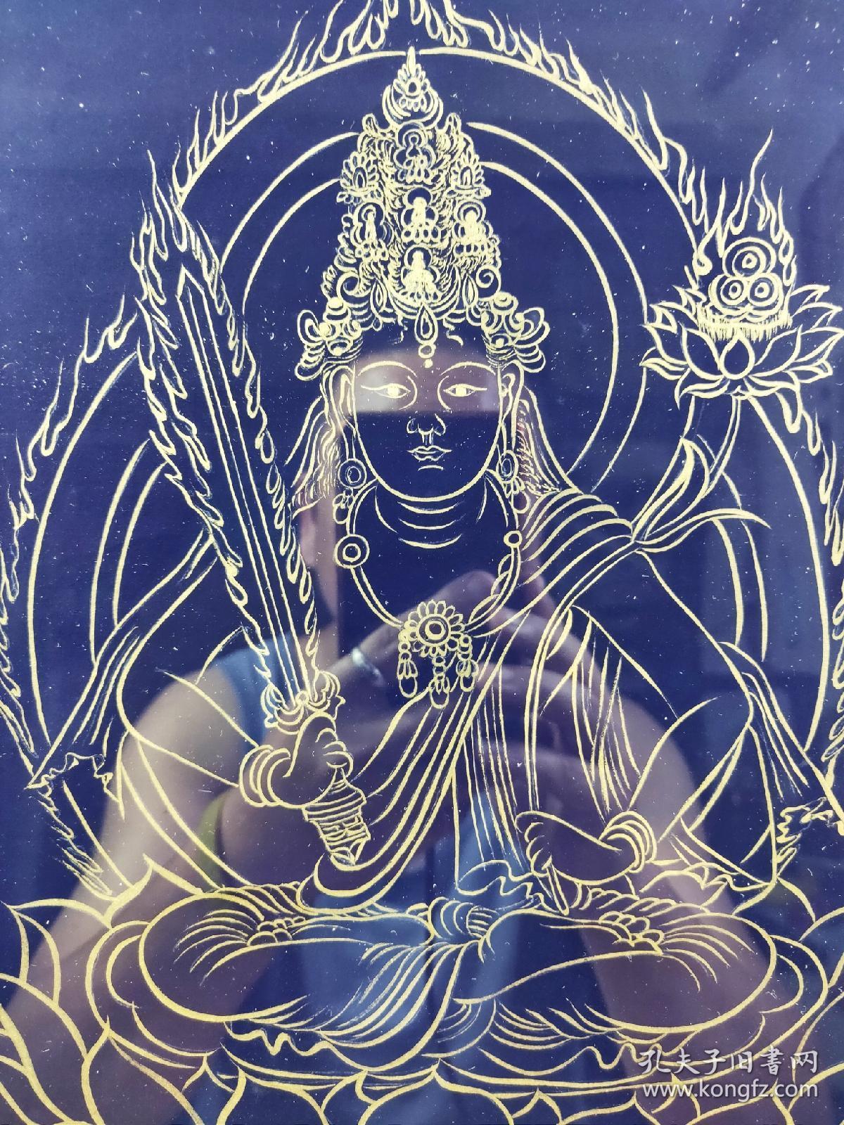虚空藏菩萨大幅佛画镜框日本流出 蓝泥底色金笔勾画,纯手绘,画工细致