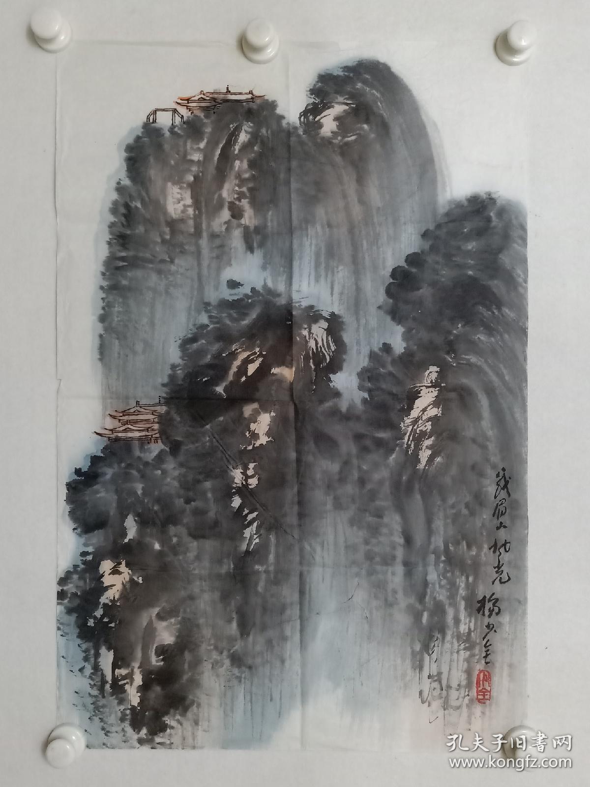 保真书画,黄埔将官,四川名家杨少全山水画《峨眉山风光》一幅,(杨少全