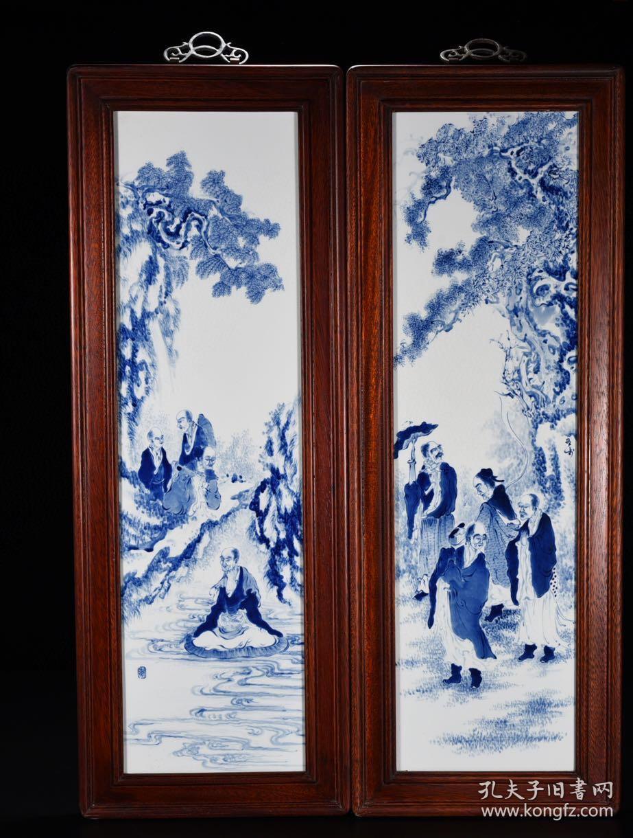 王步青花十八罗汉人物瓷板画——民国