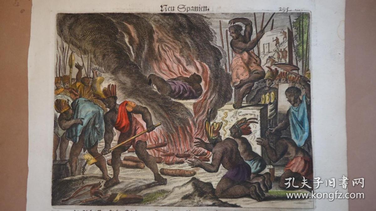 1671年aztecfuneral手工上色古铜版画阿兹特克人活人献祭原品古铜版画