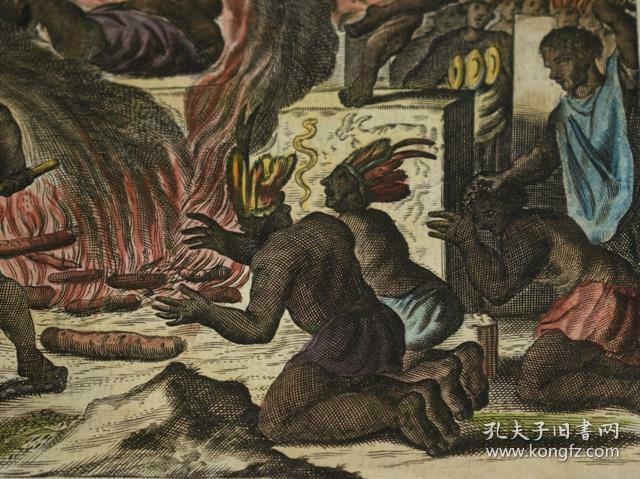 1671年aztecfuneral手工上色古铜版画阿兹特克人活人献祭原品古铜版画