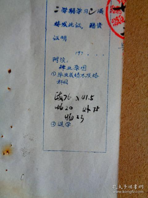 1978年 浙江省慈溪县浒山中学肄业证书(存根联)( 毛笔题写 有骑缝章)