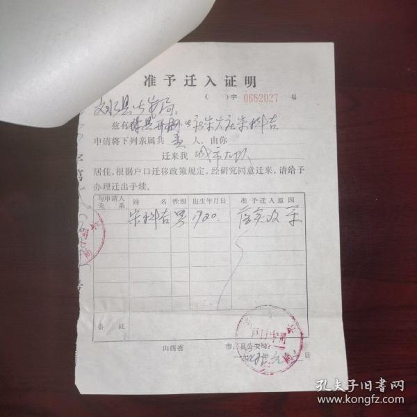 1979年乡宁县户口准予迁入证明文水县户口迁移证迁移证存根家庭成份贫