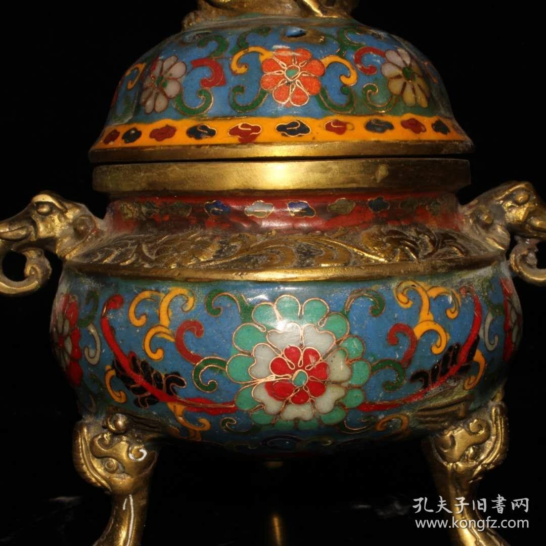 收藏纯铜镀金景泰蓝掐丝双耳三腿熏香炉摆件