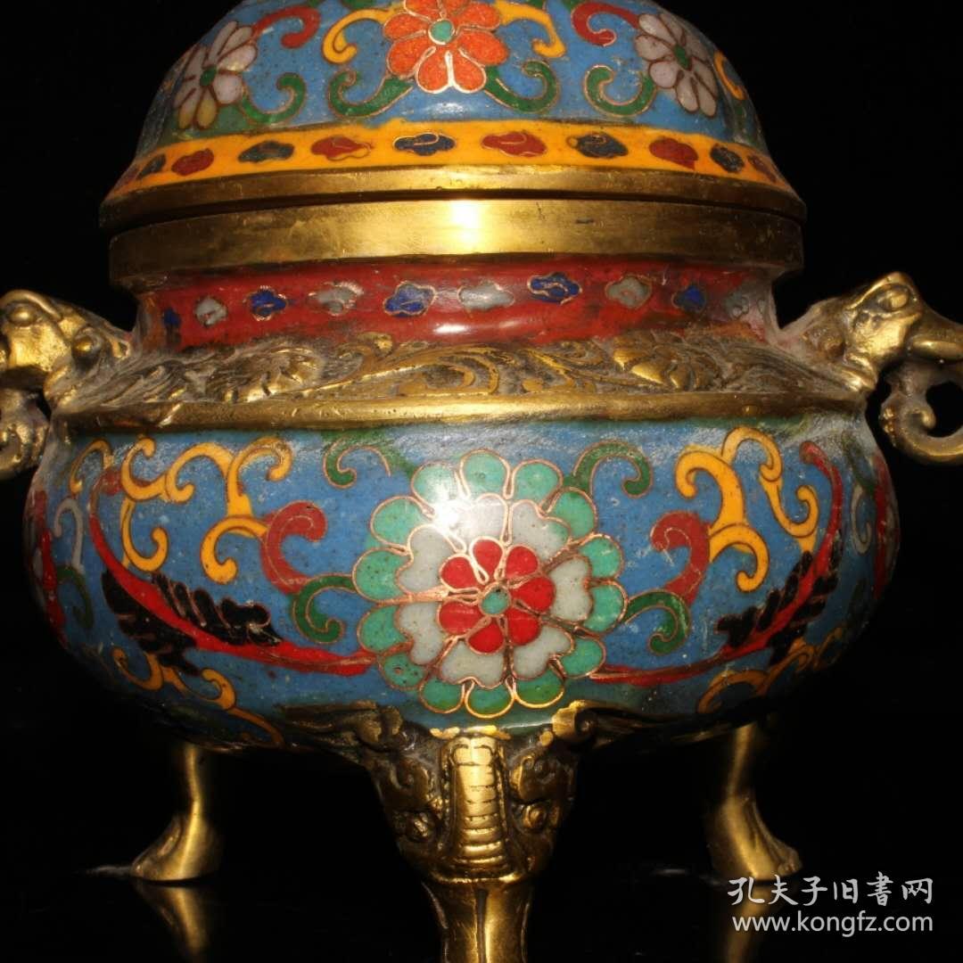 收藏纯铜镀金景泰蓝掐丝双耳三腿熏香炉摆件
