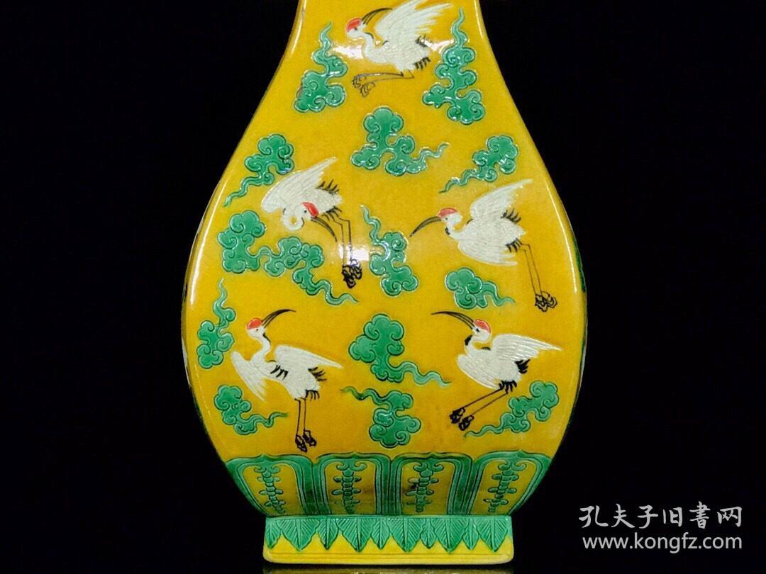 清雍正素三彩雕刻仙鹤纹贯耳瓶6 古玩古董古瓷器收藏 清代瓷器 尺寸36