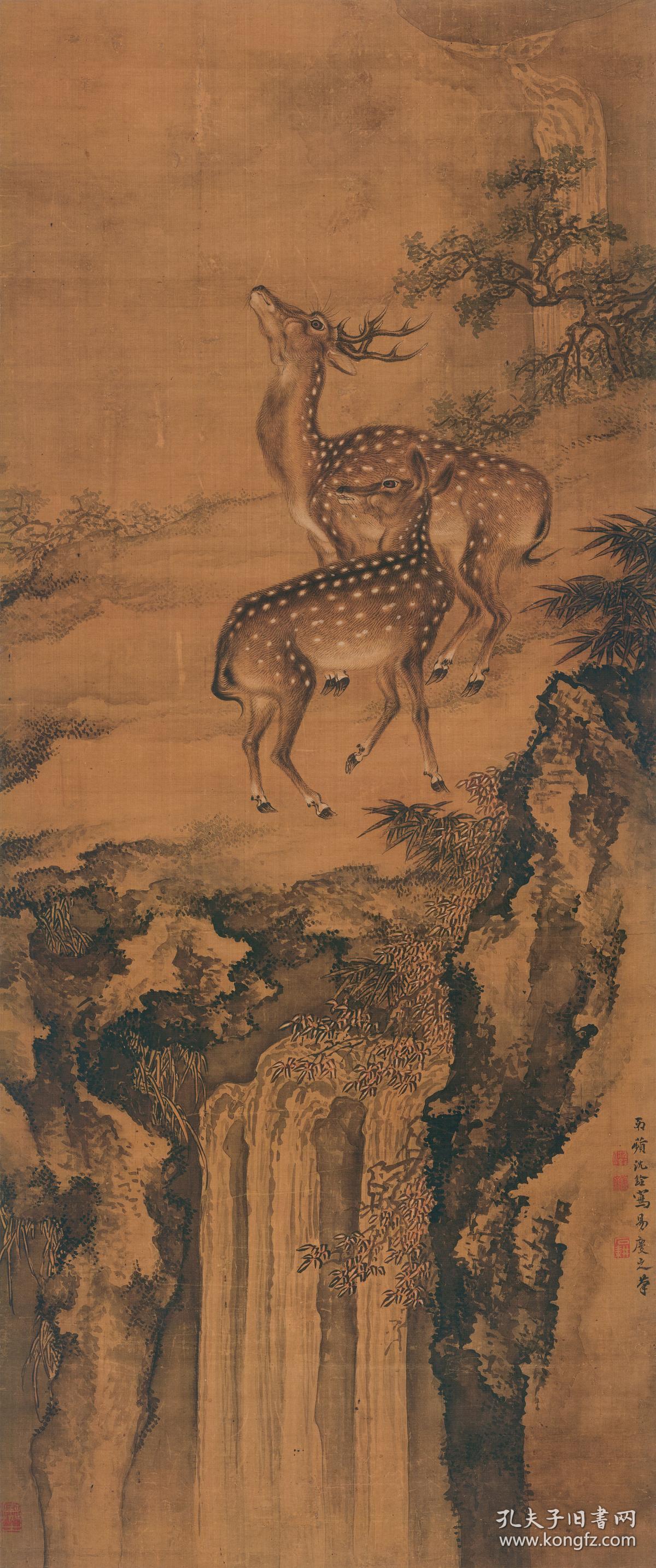 清 沈铨 双鹿图 中国画名画真迹高清微喷复制品装饰临摹学习
