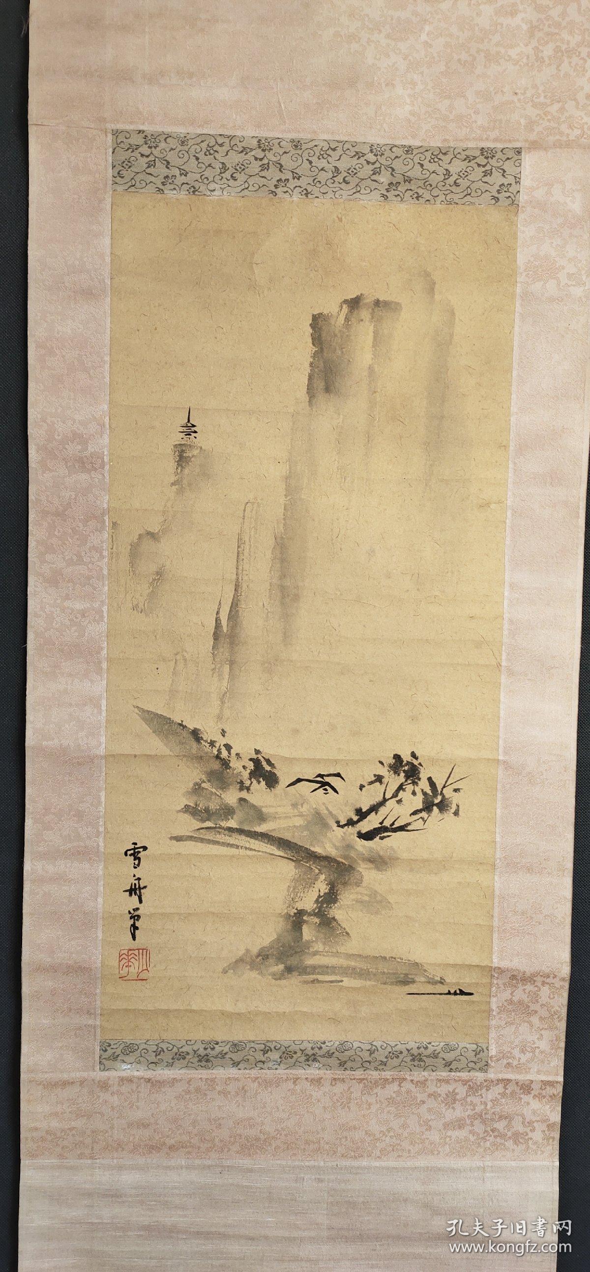 d1723:回流手绘雪舟山水图立轴(日本回流字画.日本回流书画.回流老画.